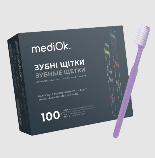  Зображення Одноразова зубна щітка з пастою MediOk (лілова) 