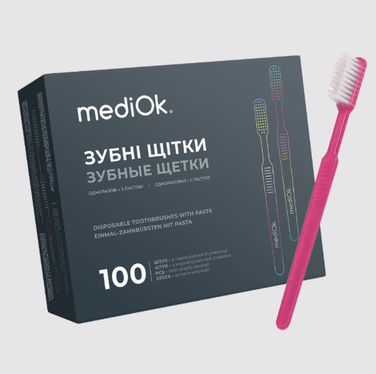  Зображення Одноразова зубна щітка з пастою MediOk (Рожева) 