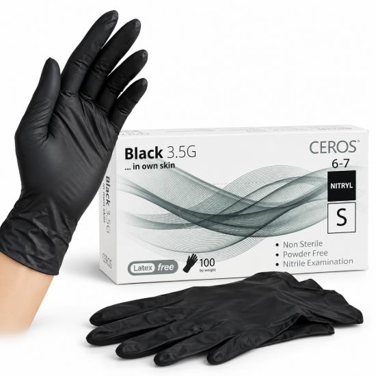 Зображення Рукавички нітрилові оглядові нестерильні неприпудрені CEROS® Black 3.5G, розмір S 