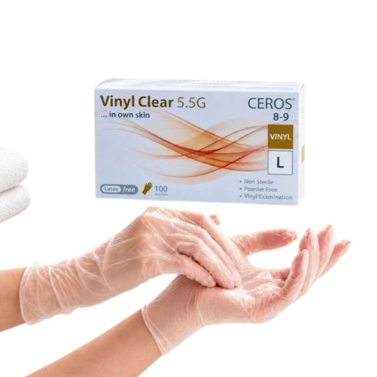  Зображення Рукавички вінілові оглядові нестерильні неприпудрені CEROS® Vinyl Clear 5.5G, розмір L 