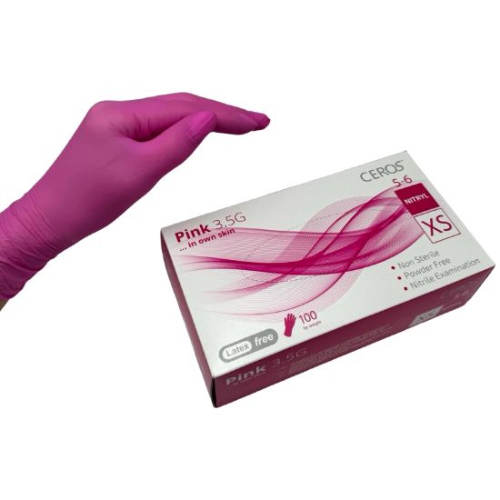  Зображення Рукавички нітрилові оглядові нестерильні неприпудрені CEROS® Pink 3.5G, розмір XS 