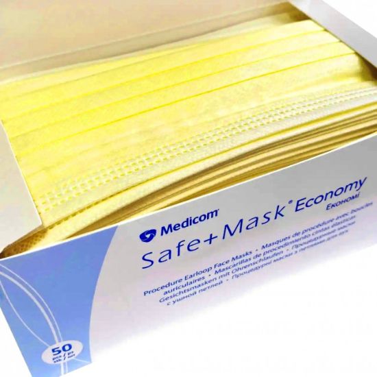  Зображення Процедурні маски з петлями для вух SAFE+MASK® Economy, Жовтий ( 50шт/уп ) 